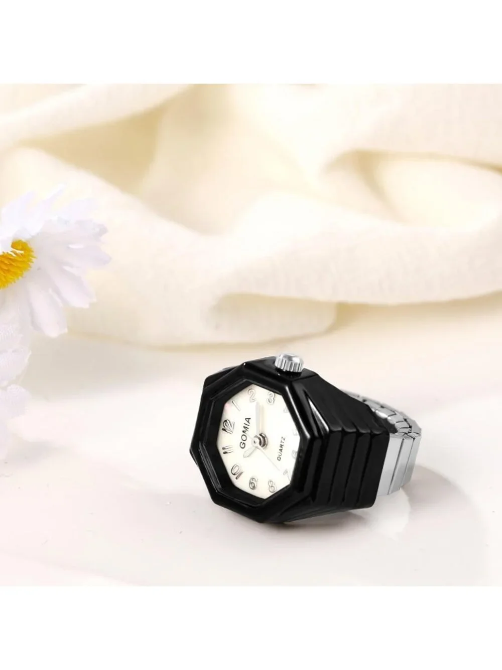 Unisex Black Analog Quartz Stretchy Elastic Band Octagon Dial Finger Ring Watch